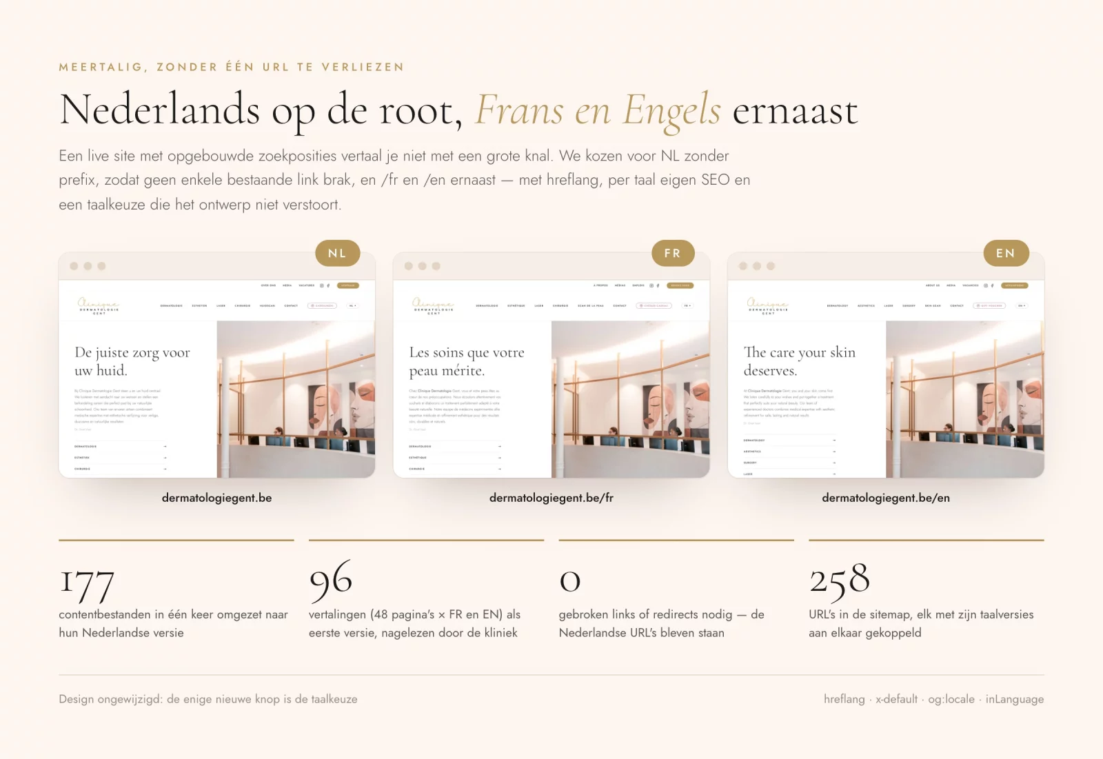 De homepage in het Nederlands, Frans en Engels