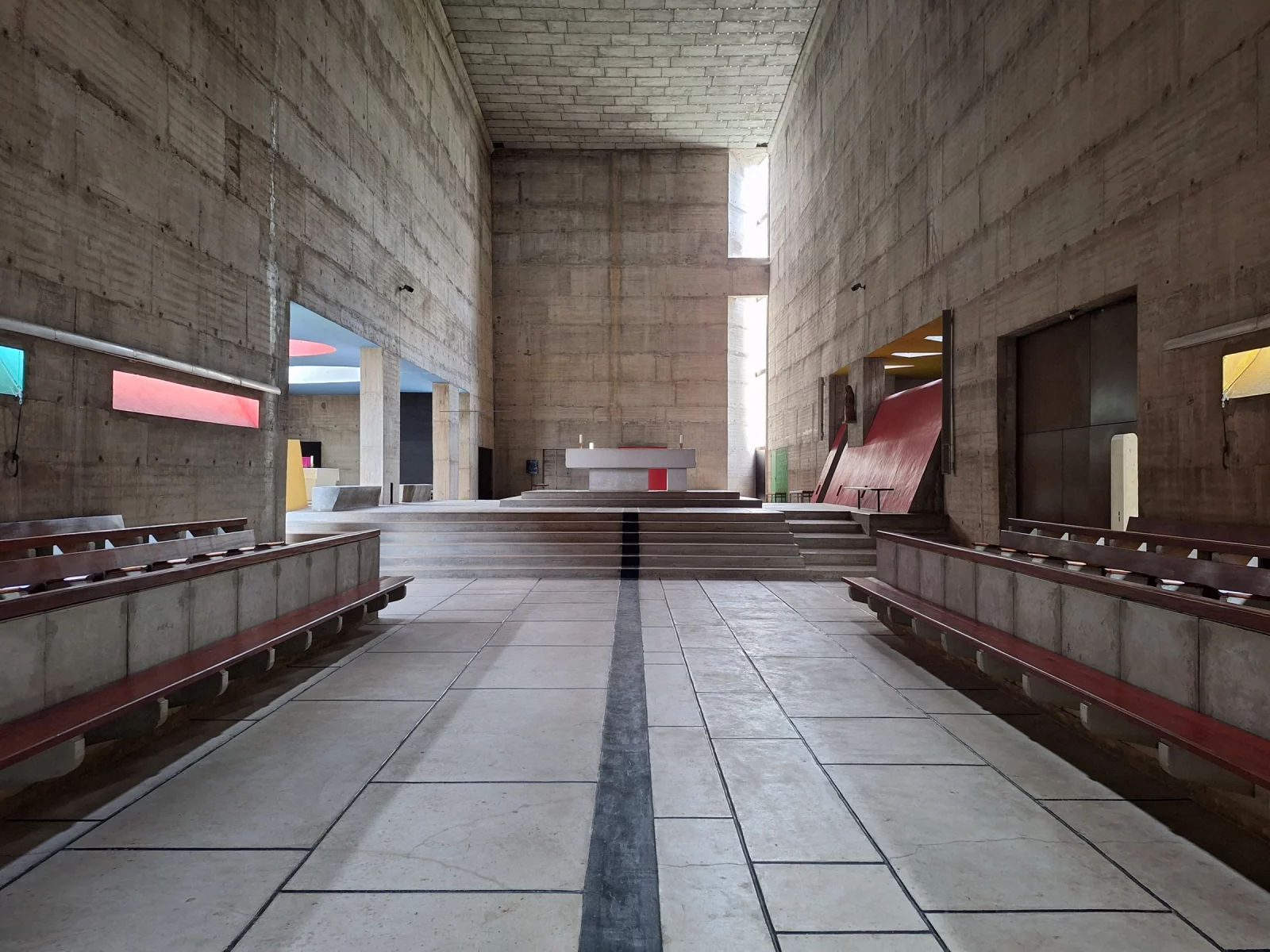 The interior of the church, with benches along the walls