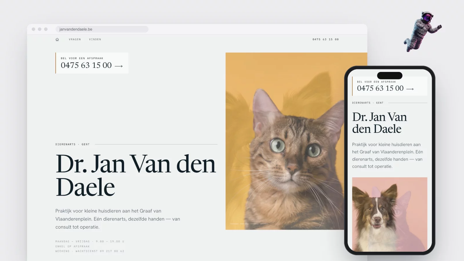 The janvandendaele.be homepage on desktop and phone, with a cat in the hero and the phone number at the top