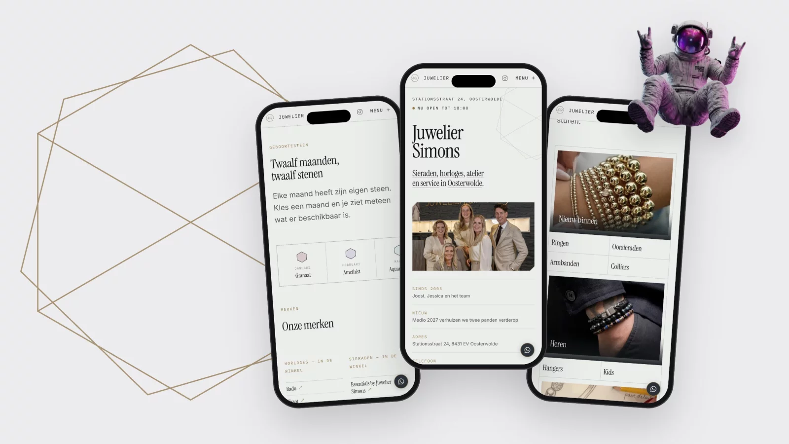Three phones showing juweliersimons.nl &mdash; the birthstones, the home page and the jewellery &mdash; in front of the hexagon pattern from the logo