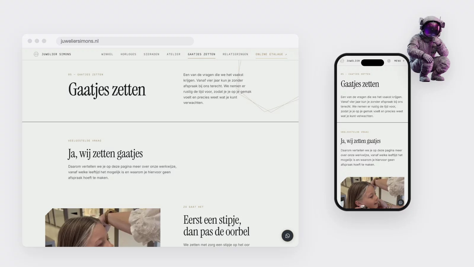 The ear piercing page on desktop and phone