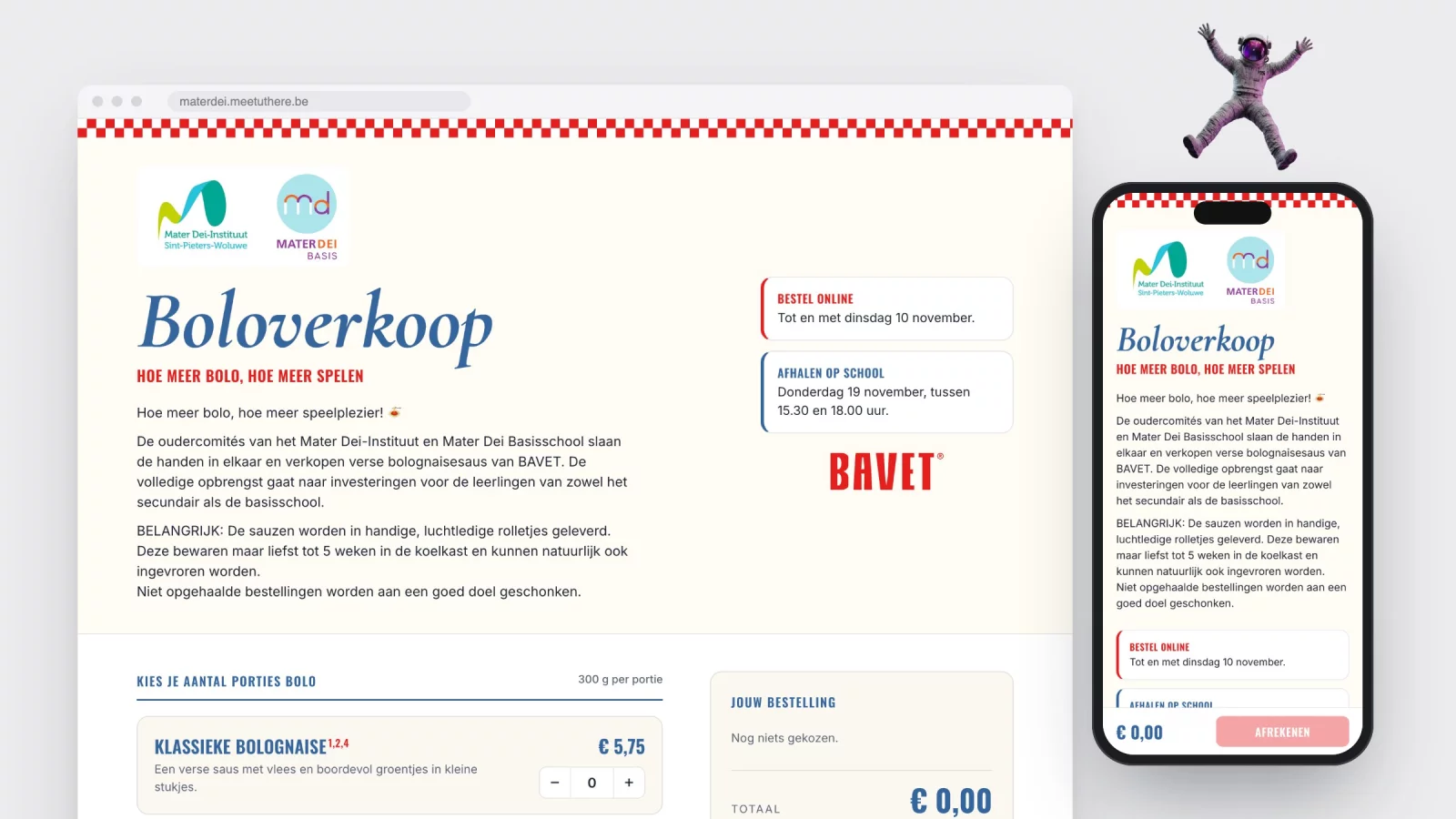 De webshop van de boloverkoop op desktop en gsm, met de drie sauzen en de afhaaldata