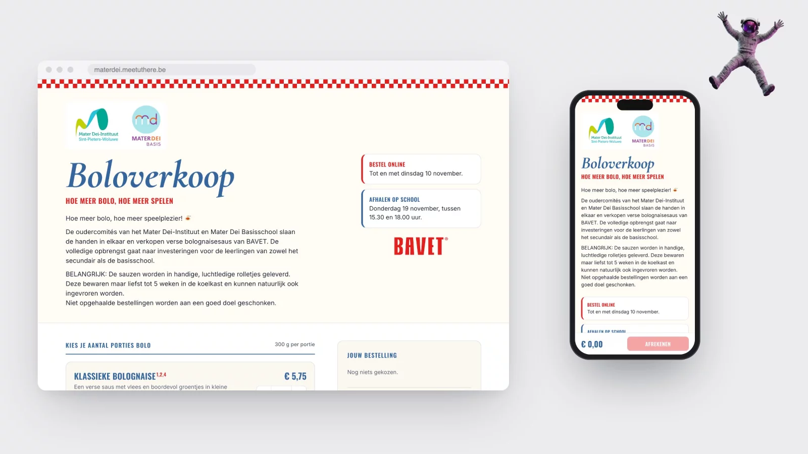 De webshop van de boloverkoop op desktop en gsm, met de drie sauzen en de afhaaldata