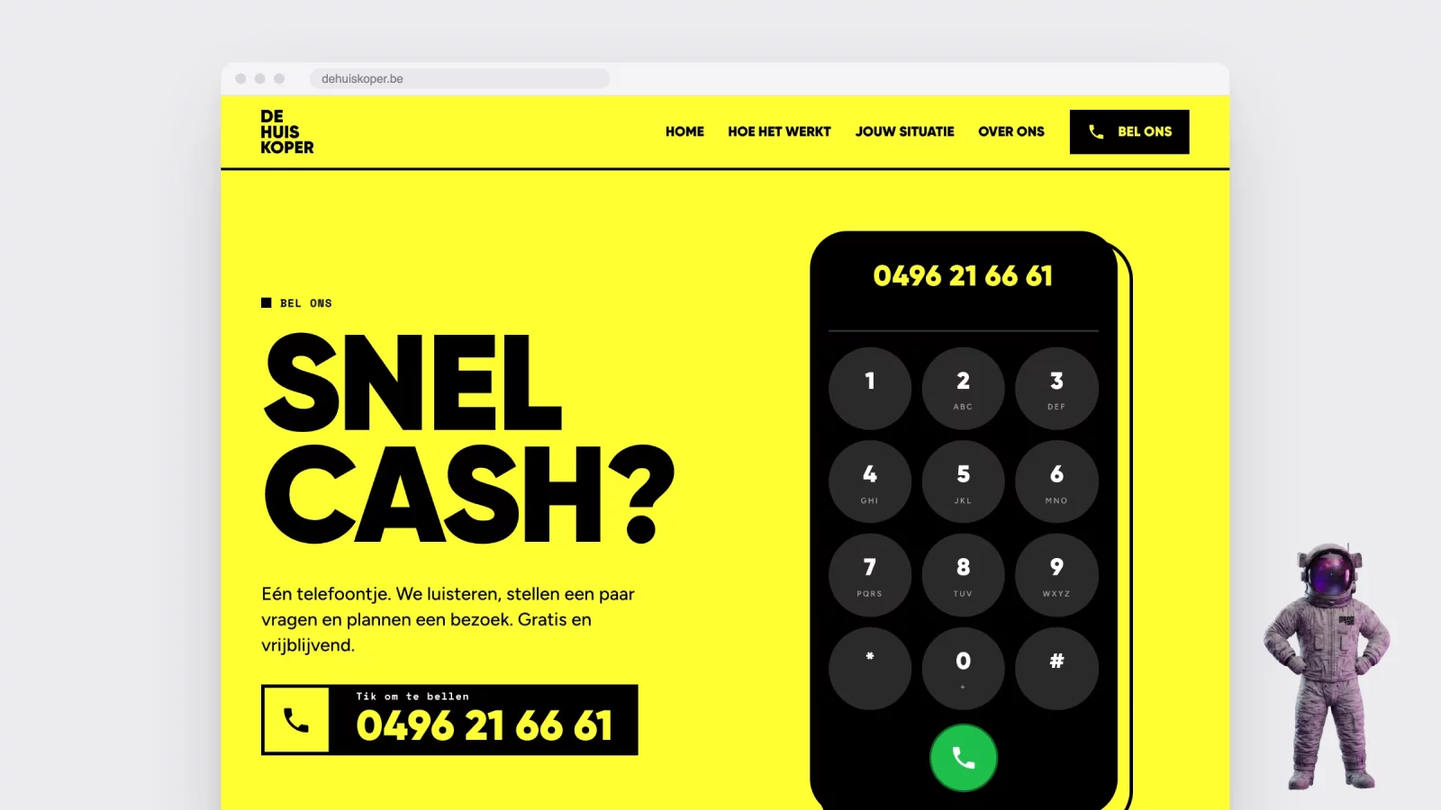 De belpagina met een telefoontoetsenblok en een groene belknop