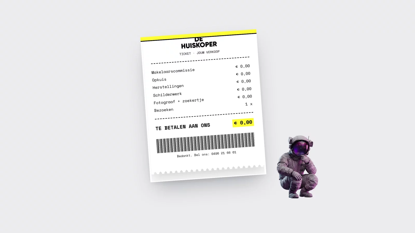 Een kasticket waarop alle kosten &euro; 0,00 zijn