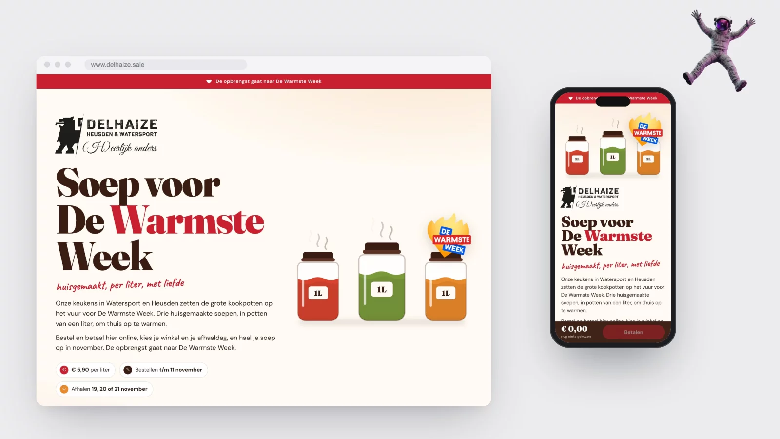 De soepwebshop op desktop en gsm, met de drie soeppotten en de afhaaldagen