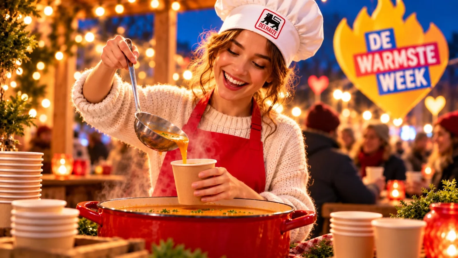 Illustratie: iemand schept soep uit een grote rode kookpot op een winterse markt, met het logo van De Warmste Week op de achtergrond