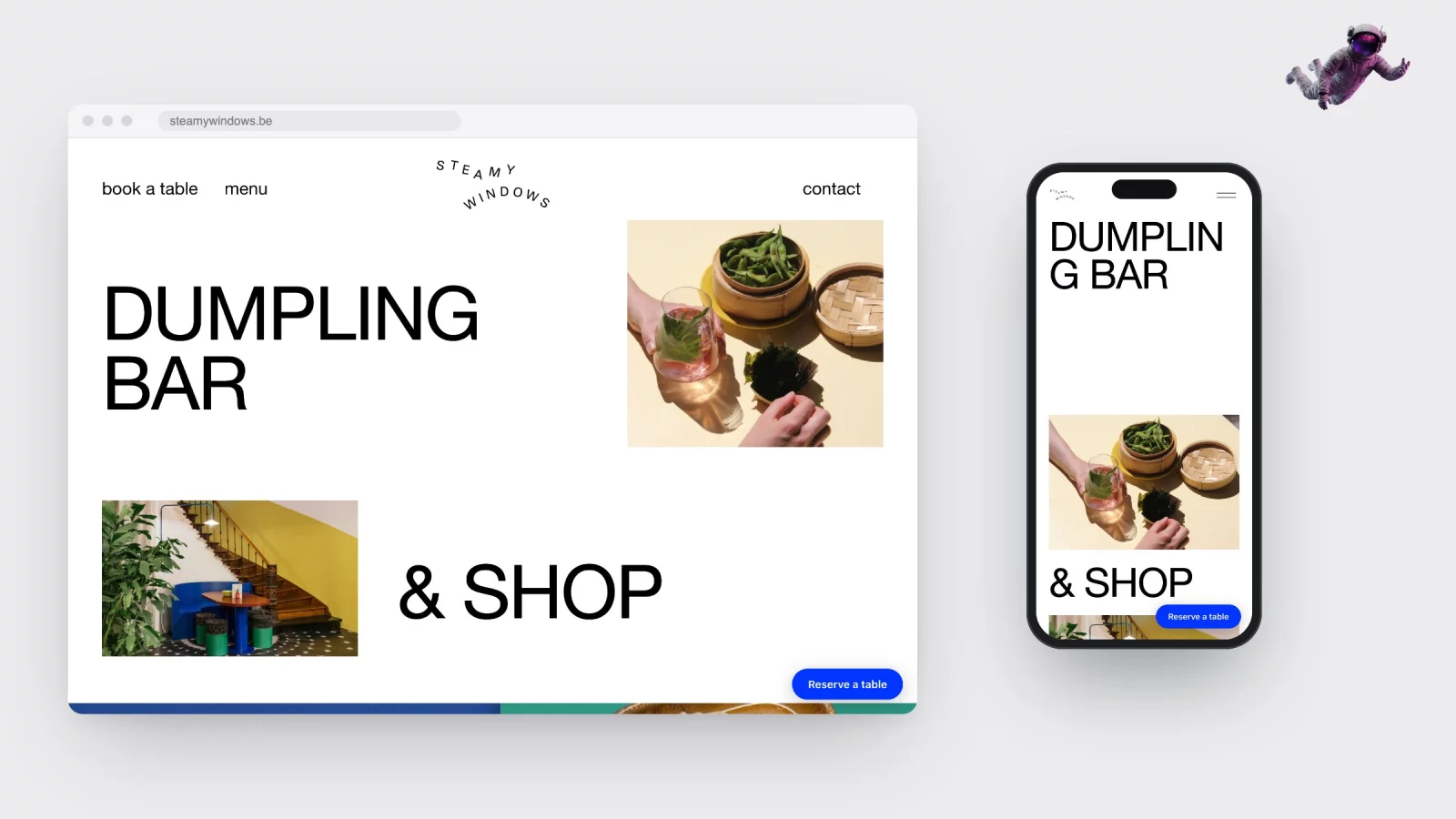 De homepage van steamywindows.be op desktop en gsm, met de kop &ldquo;Dumpling bar &amp; shop&rdquo;