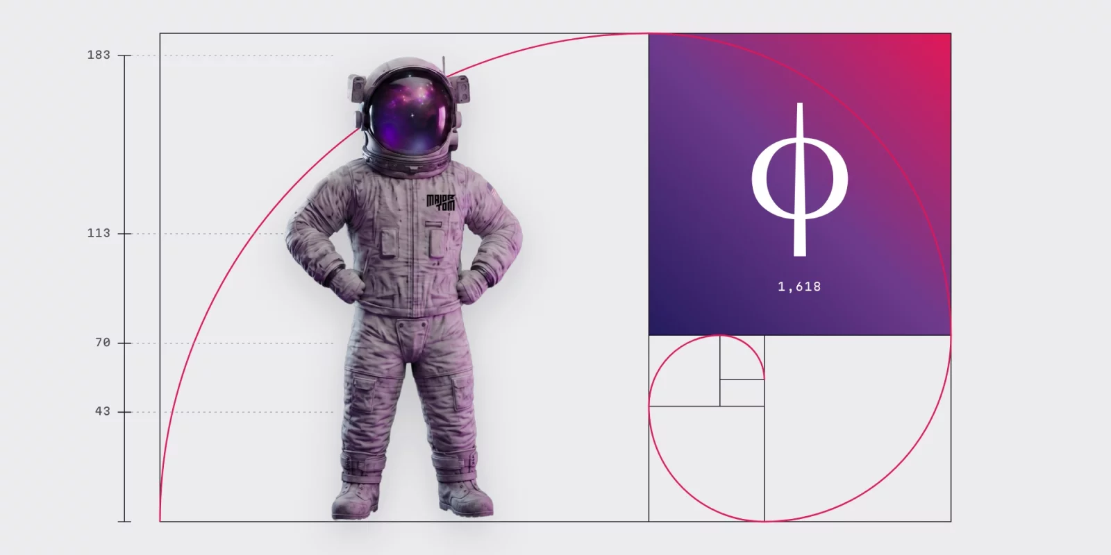 Een Major Tom-astronaut als Modulor-figuur naast een meetlat met 183, 113, 70 en 43 centimeter: telkens ongeveer de gulden snede.