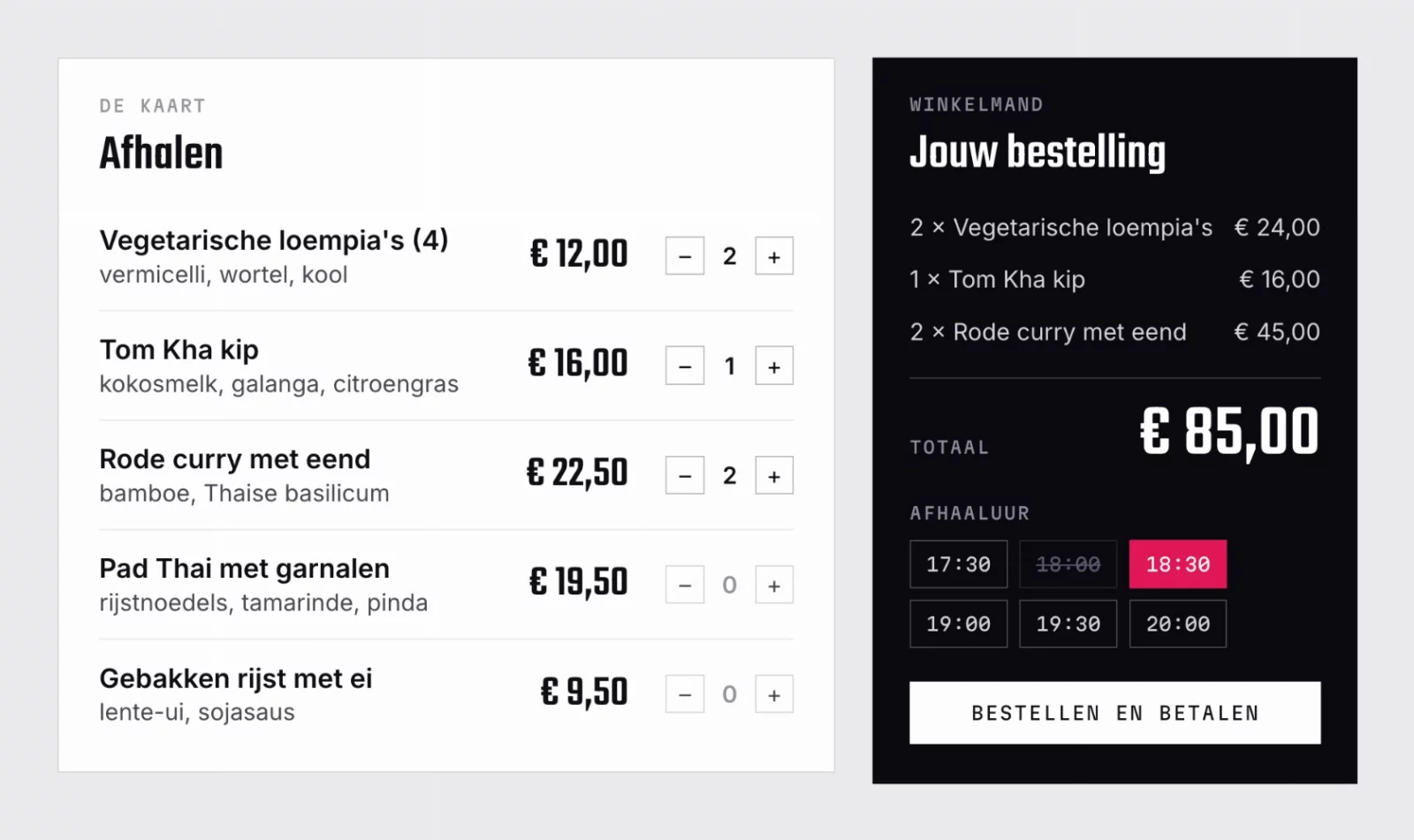 Schema: de bestelmodule met de kaart links en de winkelmand met afhaaluren rechts