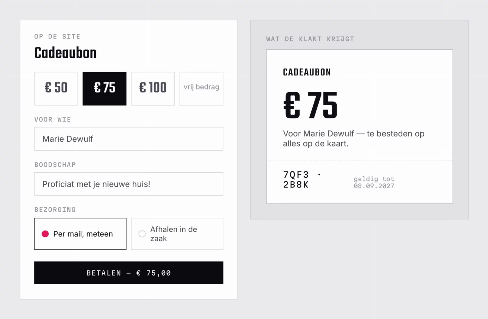 Schema: het bestelscherm voor een cadeaubon en de bon die de klant per mail krijgt