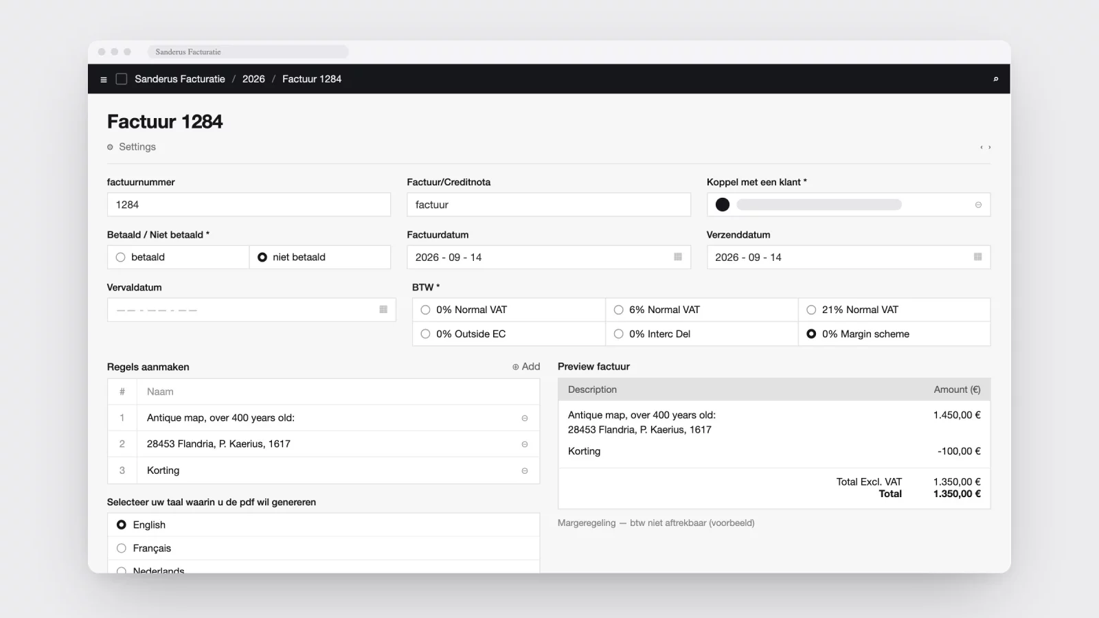 Nagebouwd scherm van de facturatietool: factuurkop met nummer en datums, een raster met zes btw-keuzes waaronder margeregeling, de factuurlijnen links en de preview van de factuur rechts