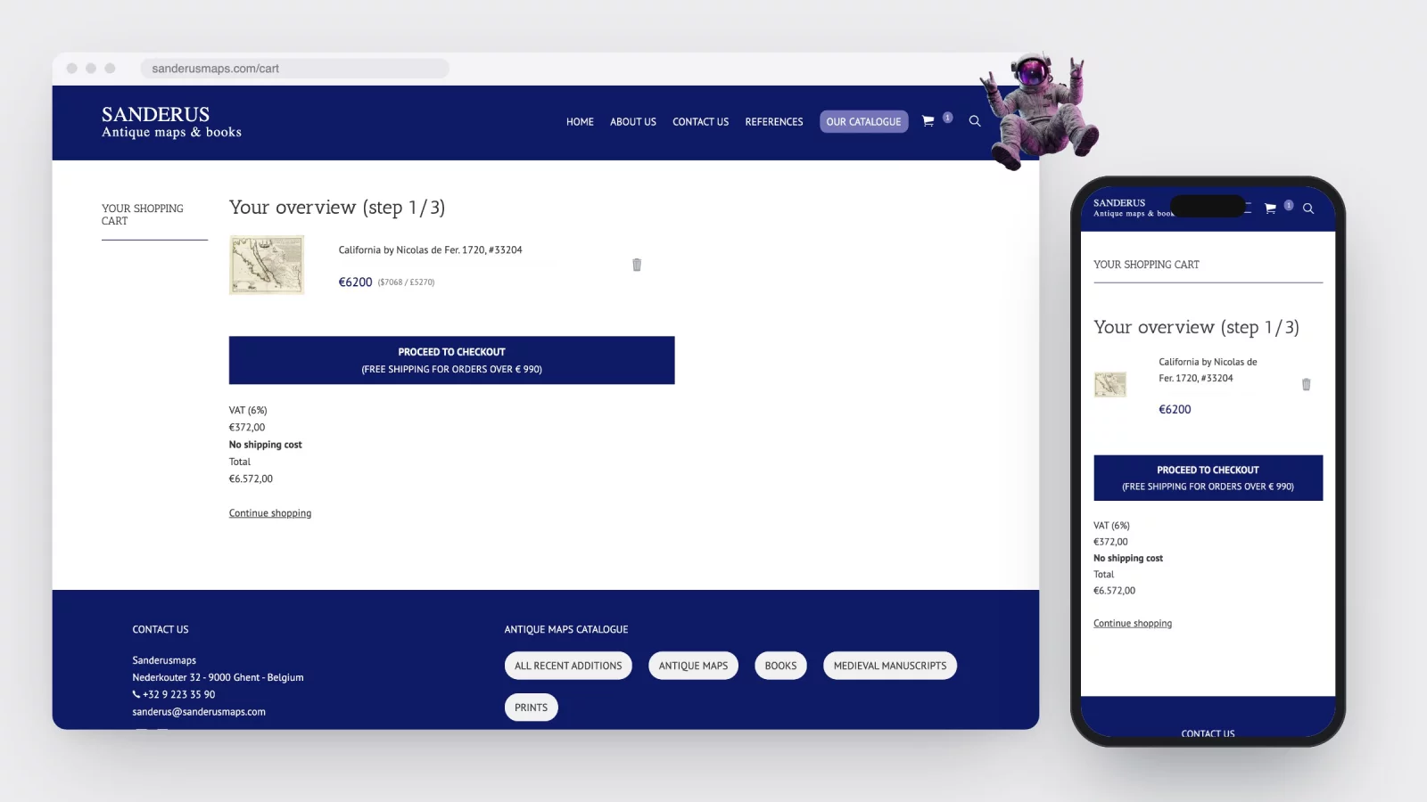 Het winkelmandje van sanderusmaps.com met &eacute;&eacute;n kaart erin, de btw-lijn, het totaal en de knop Proceed to checkout, naast dezelfde pagina op een gsm
