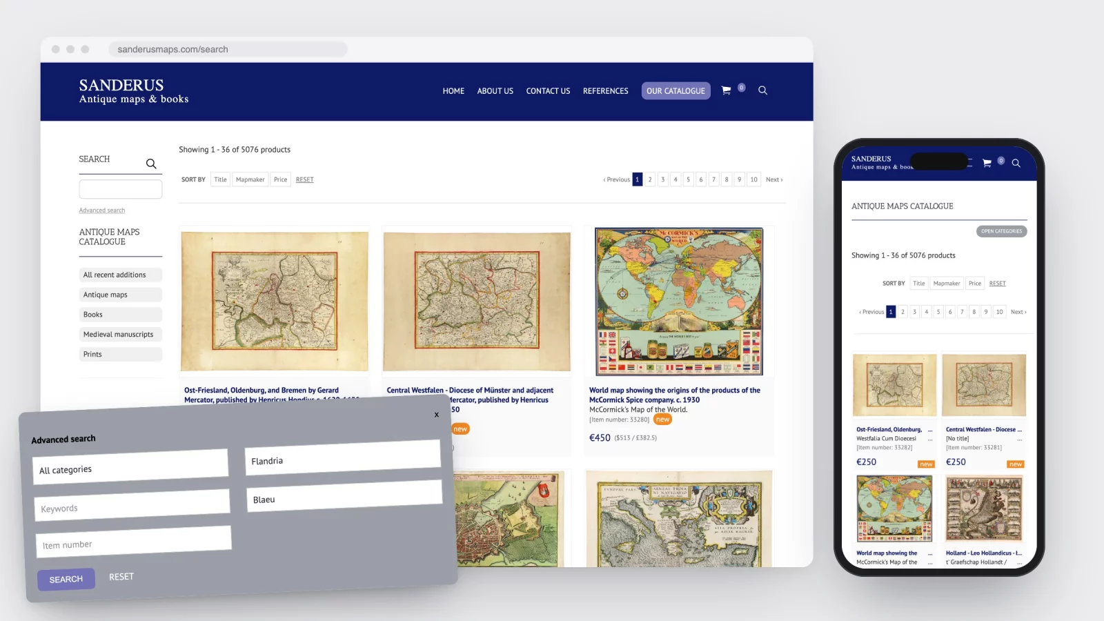 Zoekresultaat op sanderusmaps.com met oude kaarten in een raster, links de categorie&euml;n, ervoor de uitgebreide zoekvorm en rechts dezelfde pagina op een gsm