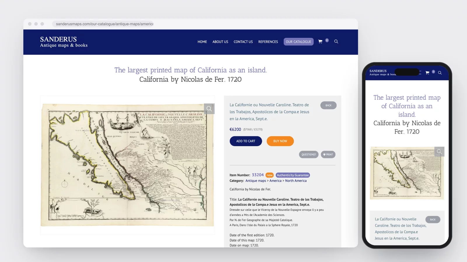 Productpagina van de kaart &ldquo;La Californie ou Nouvelle Caroline&rdquo; van Nicolas de Fer uit 1720, met de prijs in drie munten en de knoppen Add to cart en Buy now, naast dezelfde pagina op een gsm