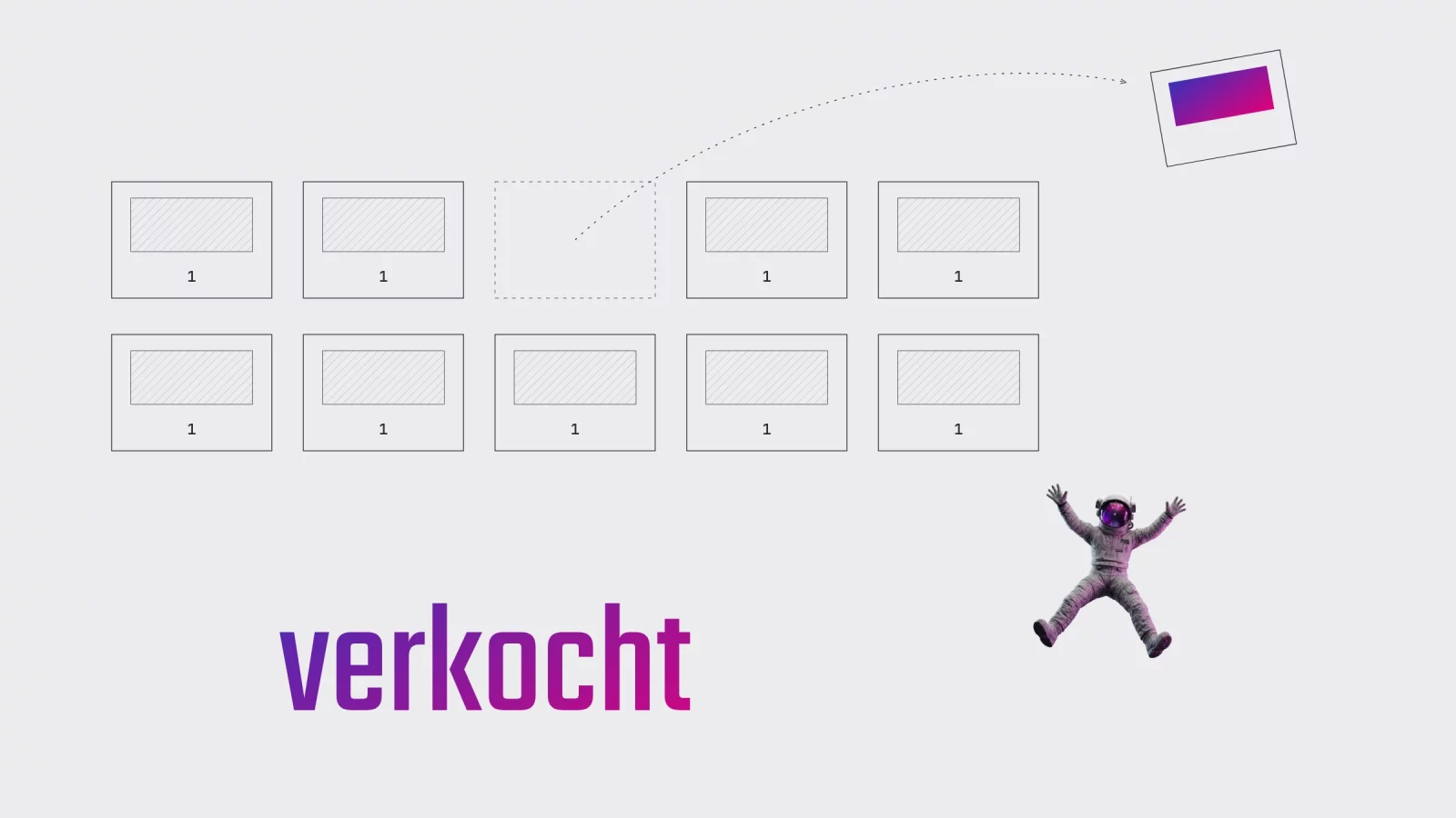 Schema: een raster van kaartjes met telkens het cijfer 1, waarvan er &eacute;&eacute;n als stippellijn leegstaat en een gekleurd exemplaar wegvliegt, met het woord verkocht in grote letters