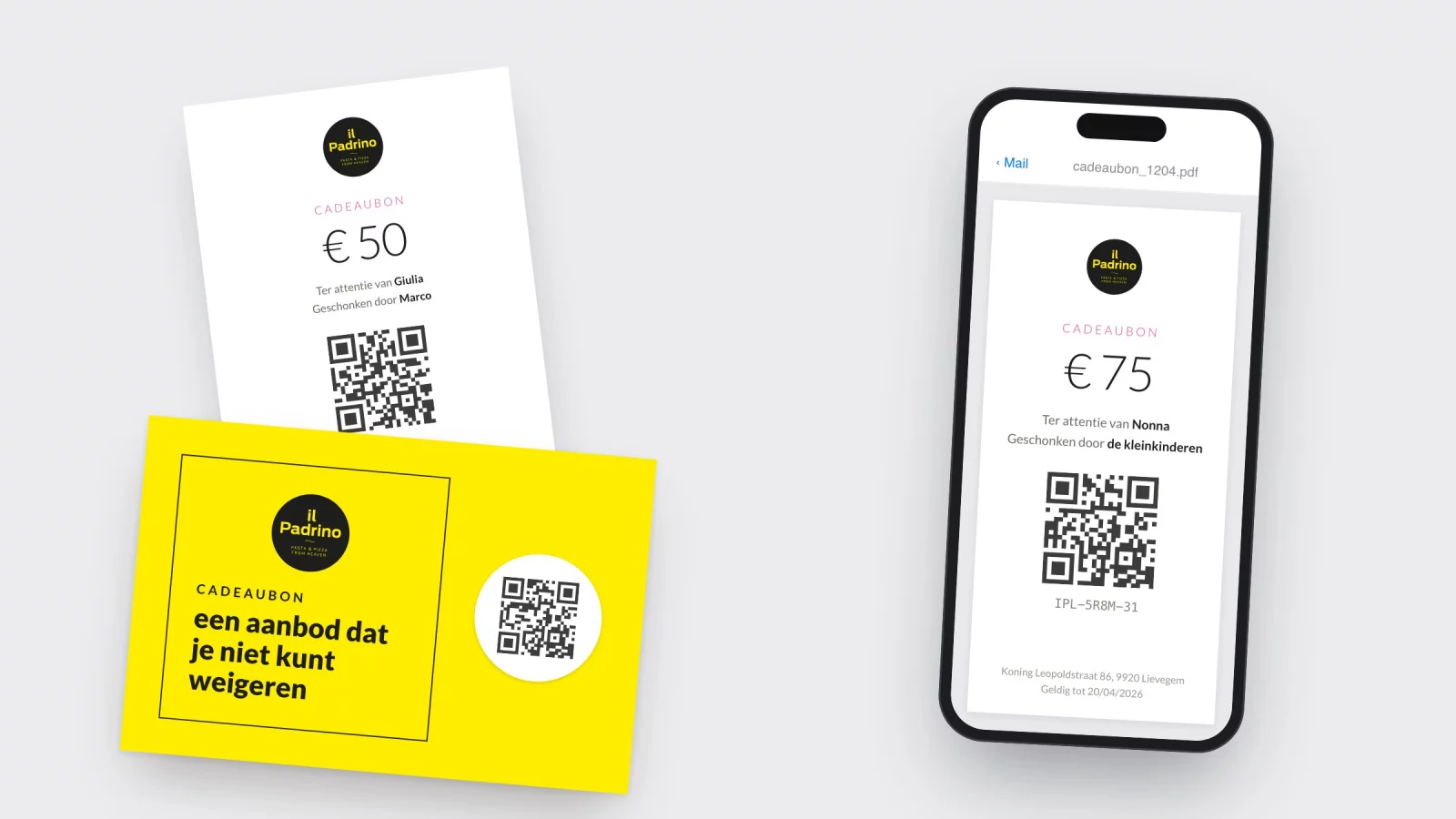 Drie vormen van een Il Padrino-cadeaubon: een geprinte bon, een geel kaartje met een QR-sticker en een pdf op een gsm