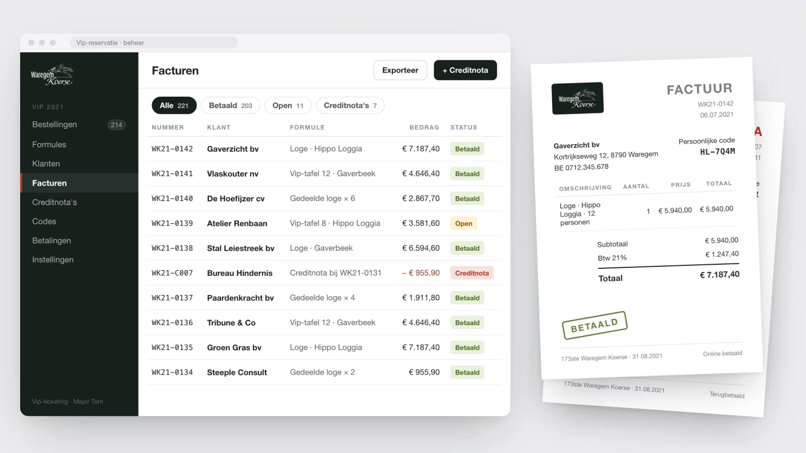 Het beheer met een lijst facturen en creditnota&rsquo;s, met daarnaast een factuur en een creditnota als document