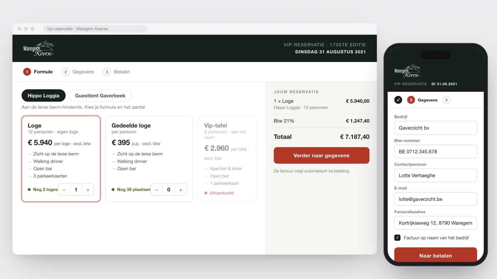 Het bestelformulier: formules in de Hippo Loggia met prijs en beschikbaarheid, een overzicht van de reservatie en het gegevensformulier op een gsm