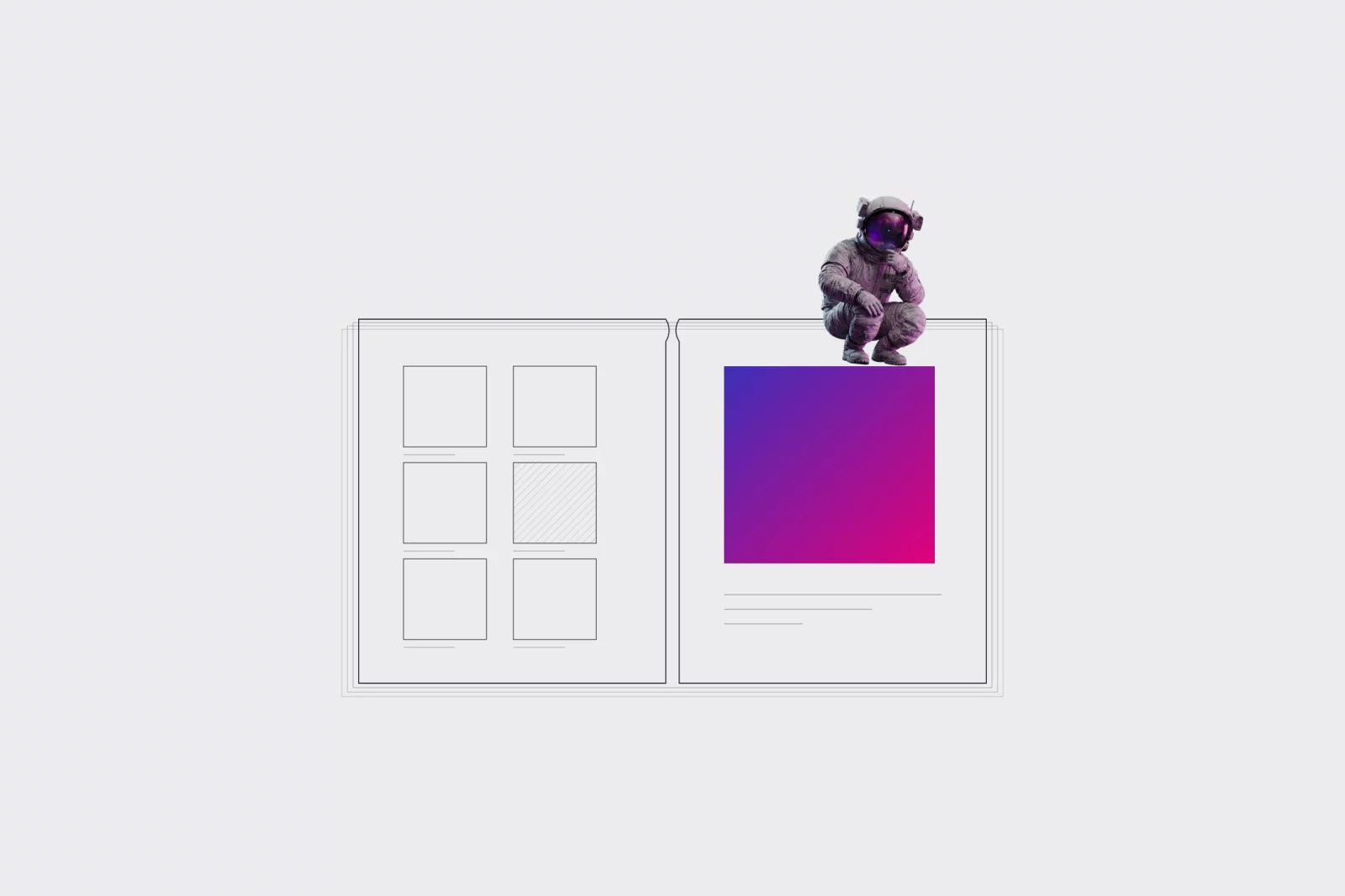 Schema van een opengeslagen kunstboek in haarlijnen: links een raster met kleine platen, rechts &eacute;&eacute;n grote plaat in een indigo-magenta kleurverloop, met een kleine astronaut op de bovenrand