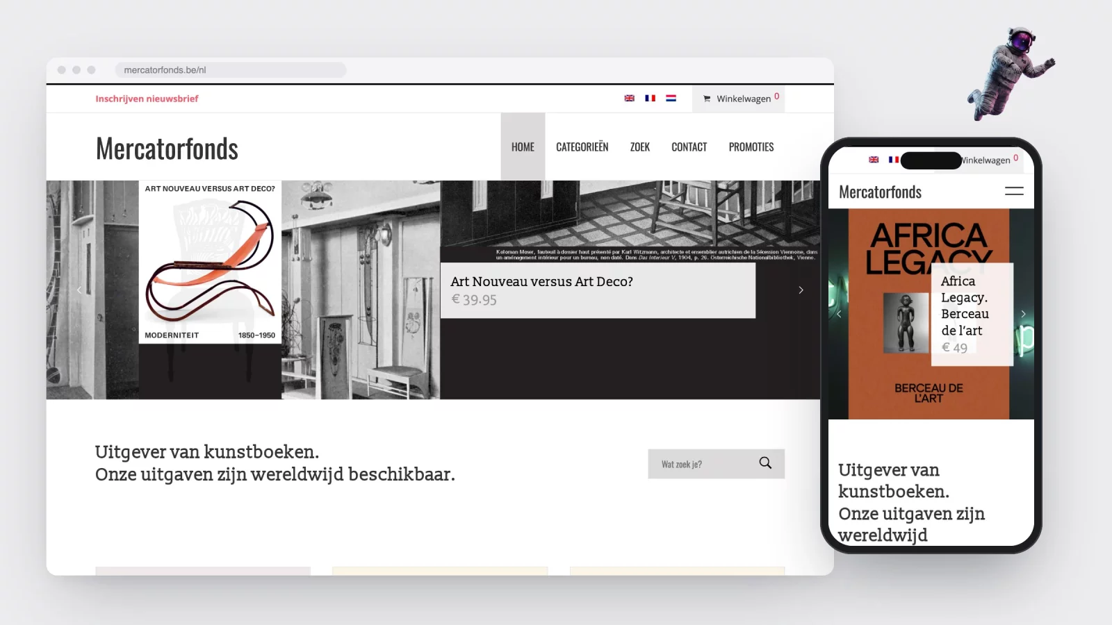 De homepage van mercatorfonds.be in een browservenster, met de carrousel van boekomslagen, naast dezelfde pagina op een gsm