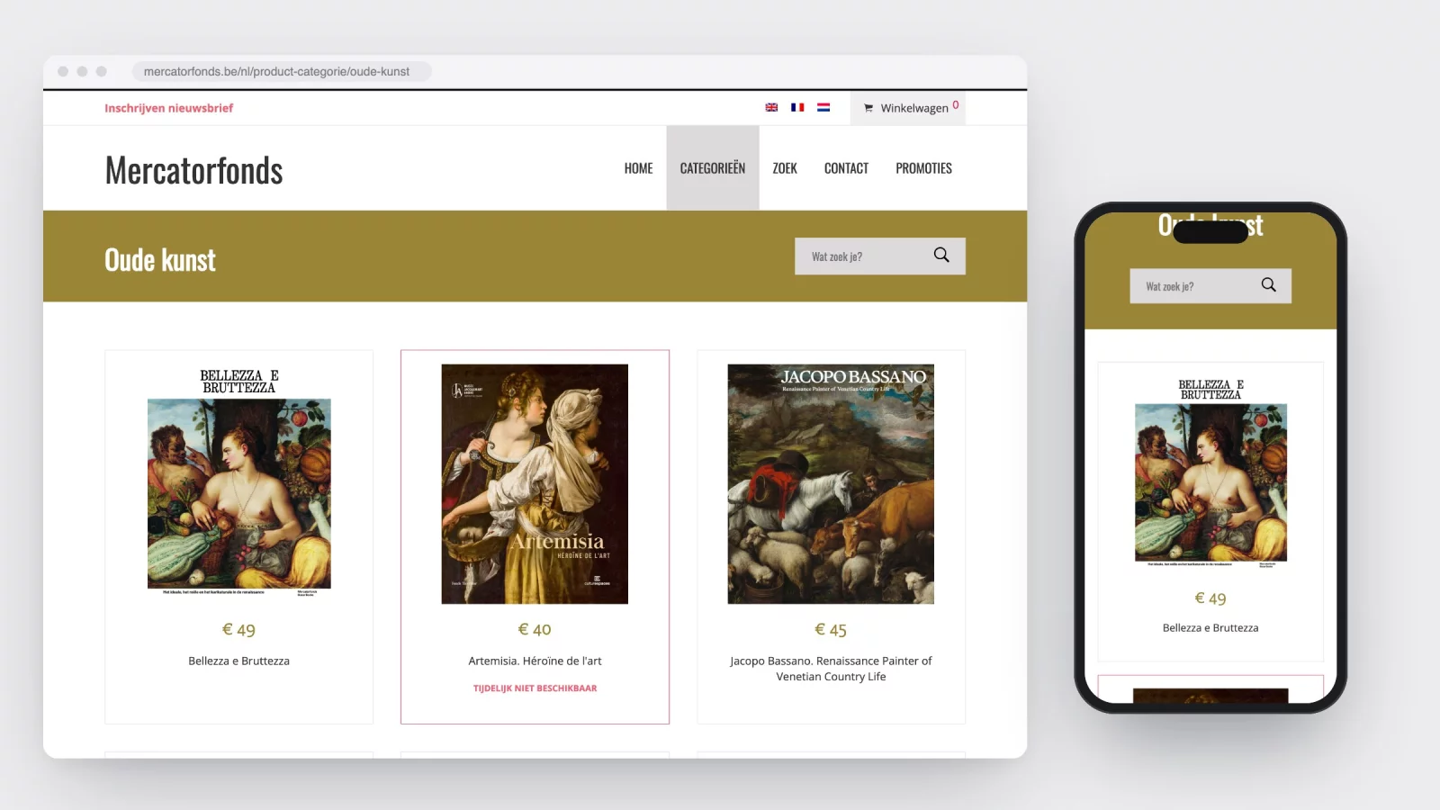 De categoriepagina Oude kunst van mercatorfonds.be met een raster van boekomslagen en een boek met het label Tijdelijk niet beschikbaar, naast dezelfde pagina op een gsm