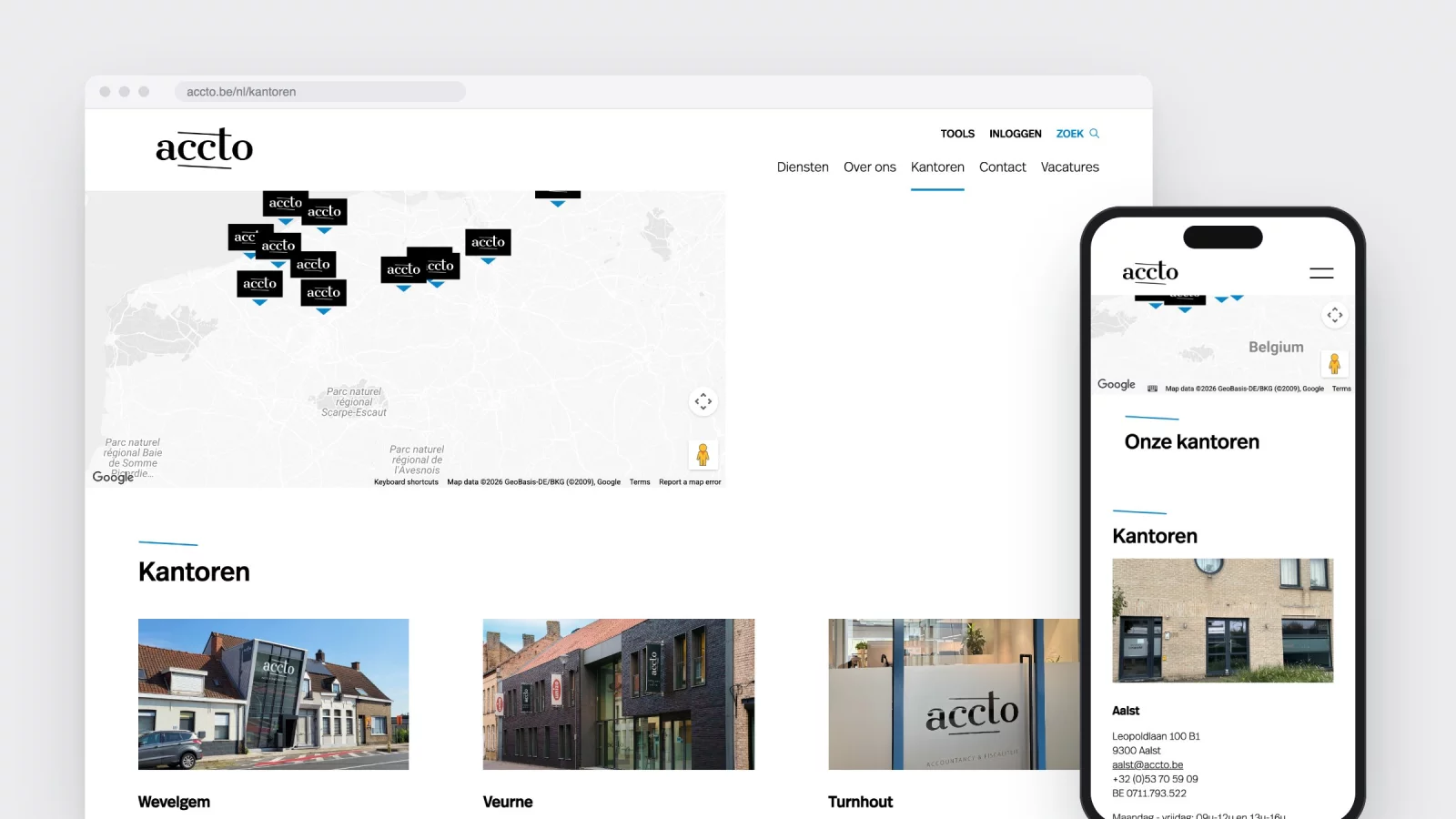 De kantorenpagina van accto.be met een kaart vol pins en daaronder de fiches per kantoor, op desktop en gsm