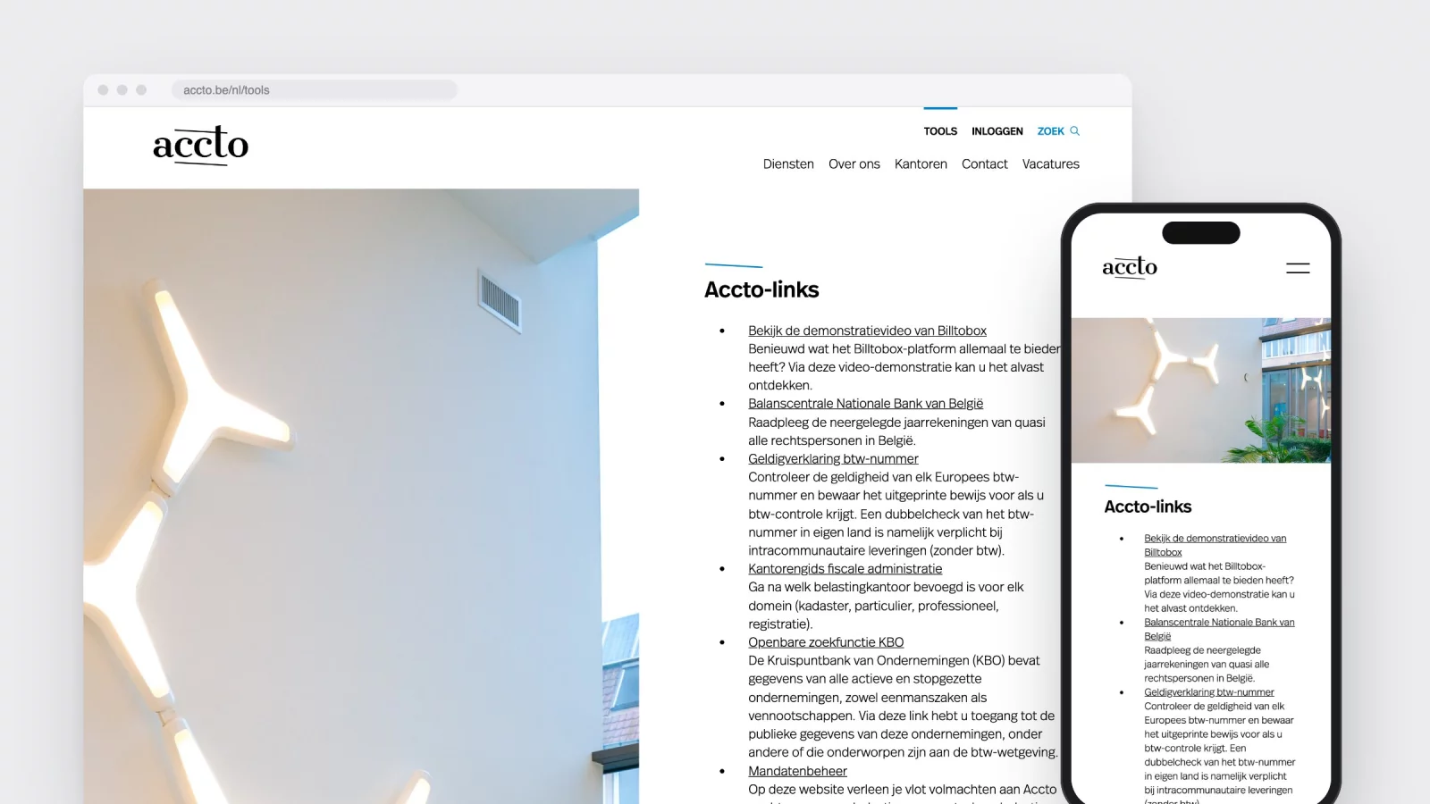 De toolspagina van accto.be met een lijst nuttige links voor ondernemers, op desktop en gsm