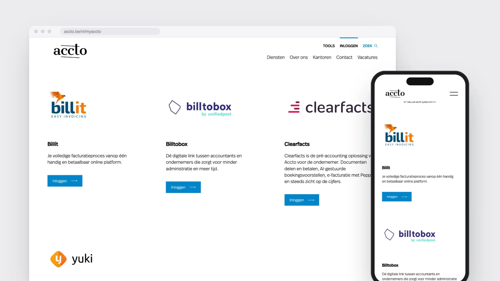 De inlogpagina van accto.be met de kaarten van Billit, Billtobox, Clearfacts en Yuki, op desktop en gsm