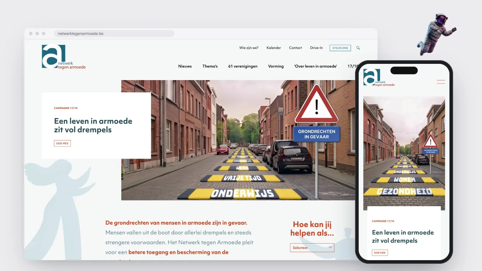 De homepage van netwerktegenarmoede.be in een browservenster en op een gsm, met de campagne van 17 oktober