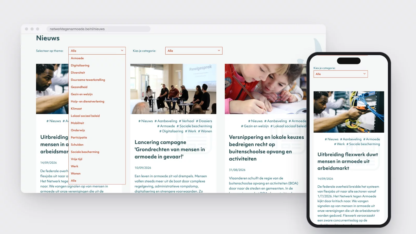 Het nieuwsoverzicht van netwerktegenarmoede.be met het themafilter opengeklapt, naast hetzelfde overzicht op een gsm
