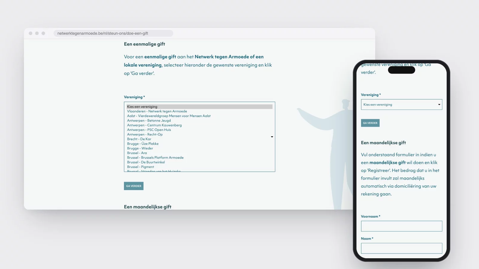 Het giftformulier van netwerktegenarmoede.be met de keuzelijst van verenigingen uitgeklapt, naast hetzelfde formulier op een gsm