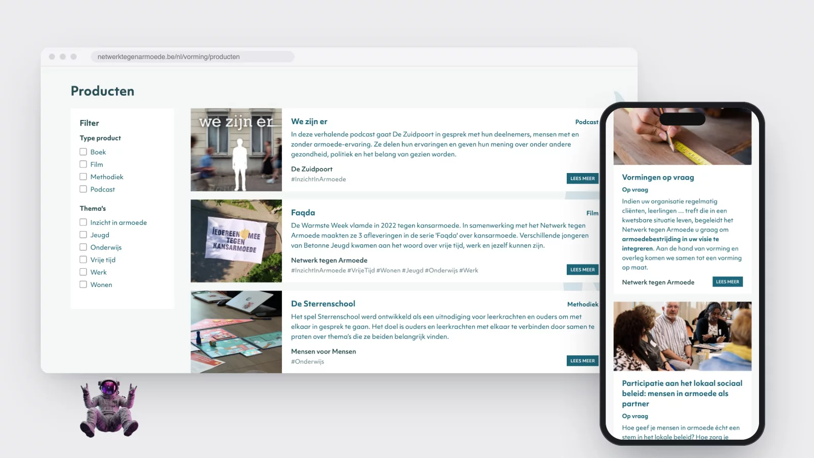De productenpagina van netwerktegenarmoede.be met filters op type en thema, naast de vormingenpagina op een gsm