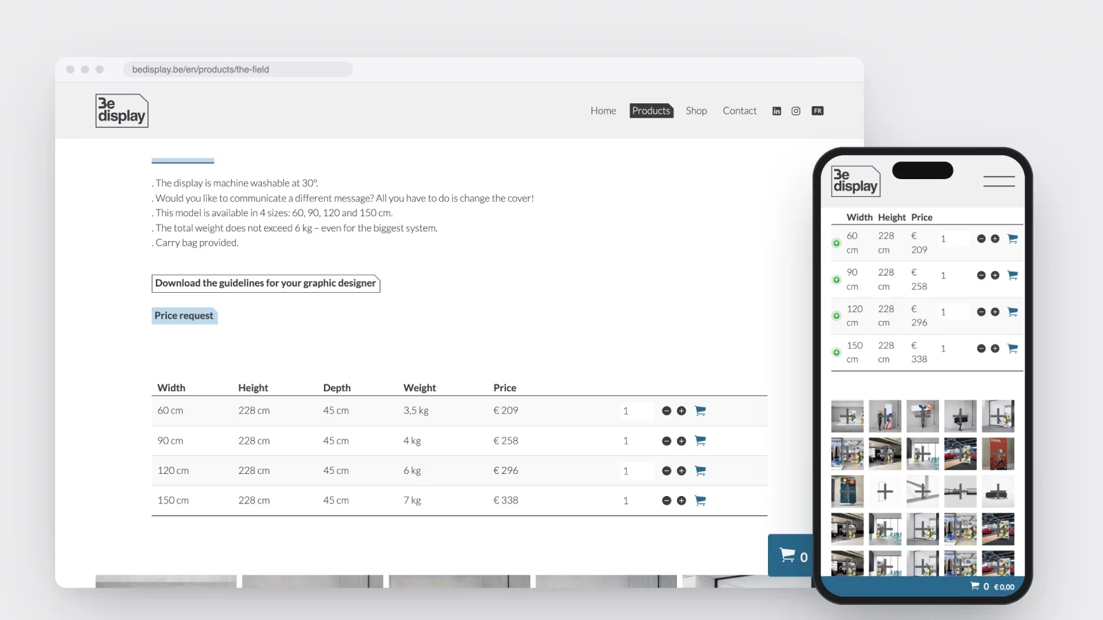 A bedisplay.be product page with a table of four sizes, each with width, height, depth, weight and price