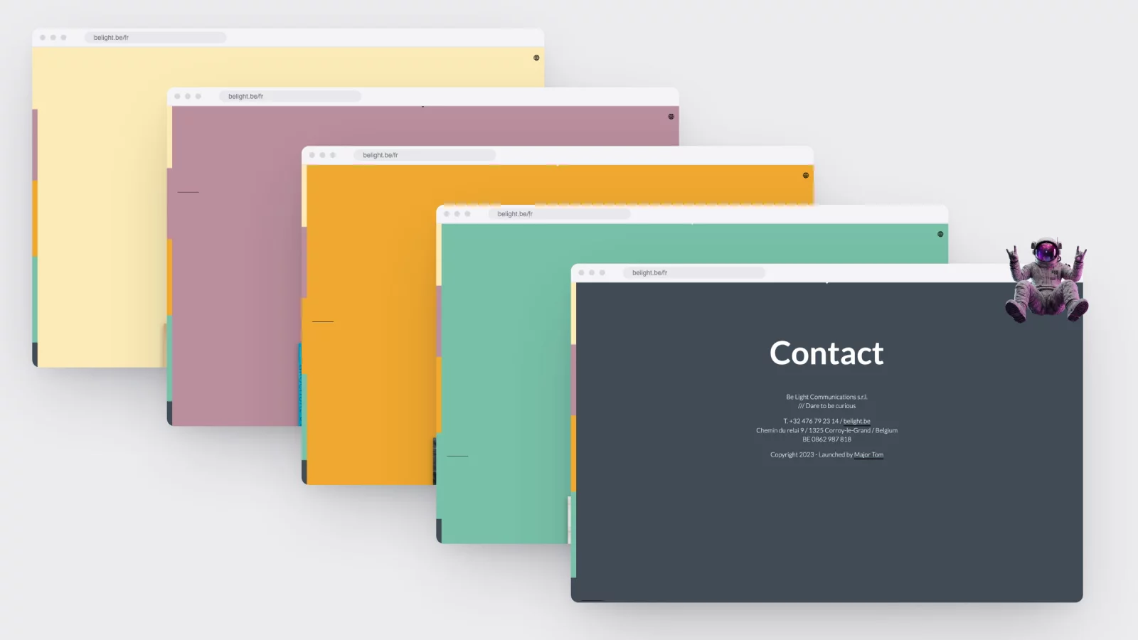 Five browser windows in a cascade showing the five sections of belight.be, each in a different background colour