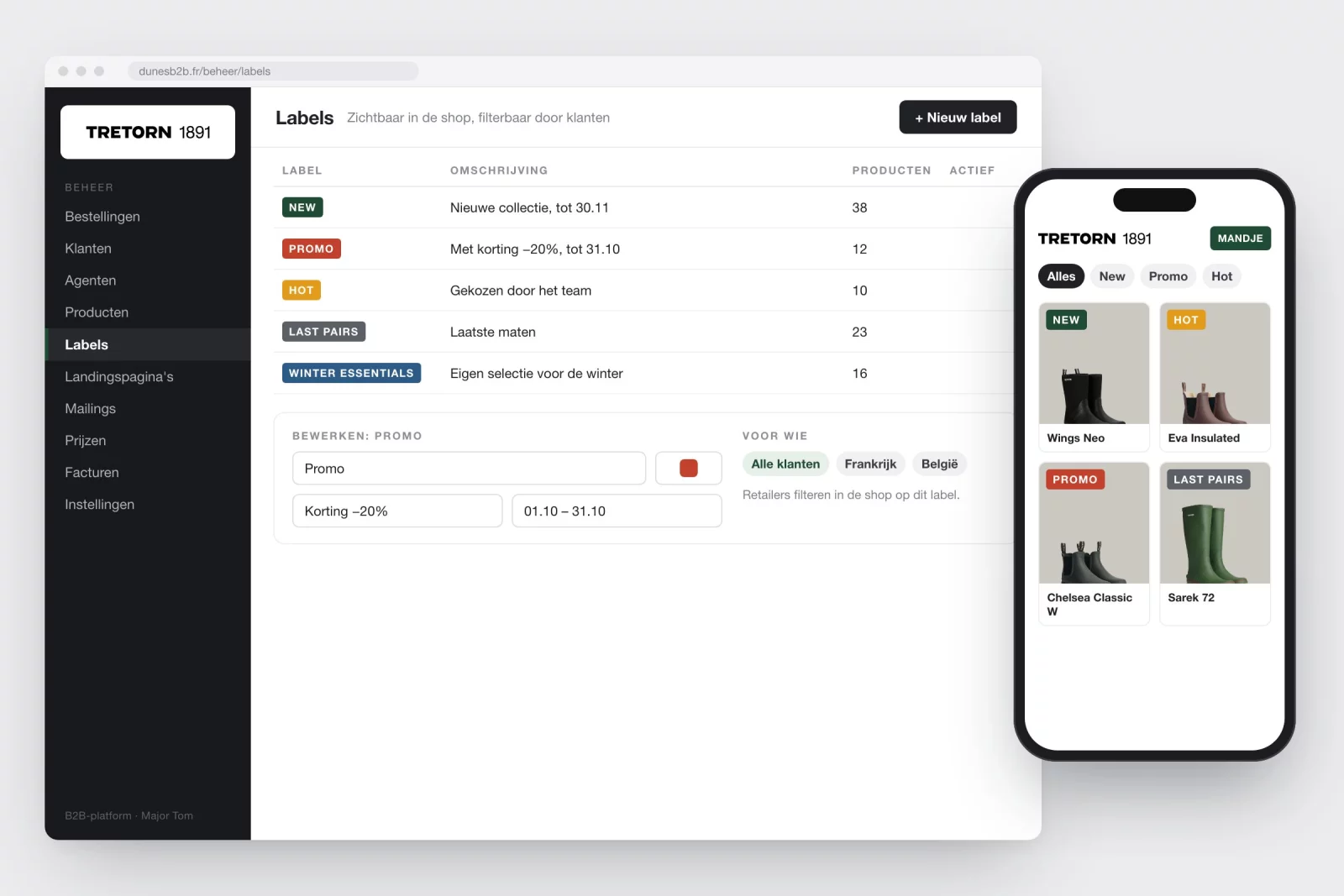 Managing labels like New, Promo and Hot, and the shop with labelled boots on a phone