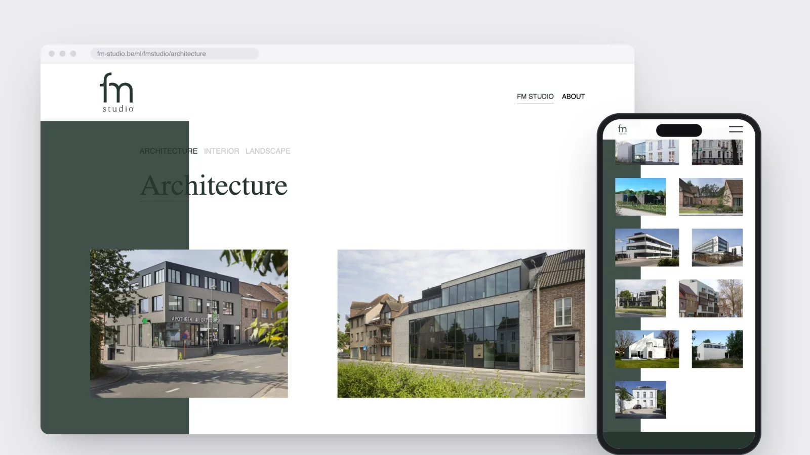 De categoriepagina Architecture van fm-studio.be in een browservenster met projectbeelden in twee verschillende breedtes, en dezelfde pagina op een gsm