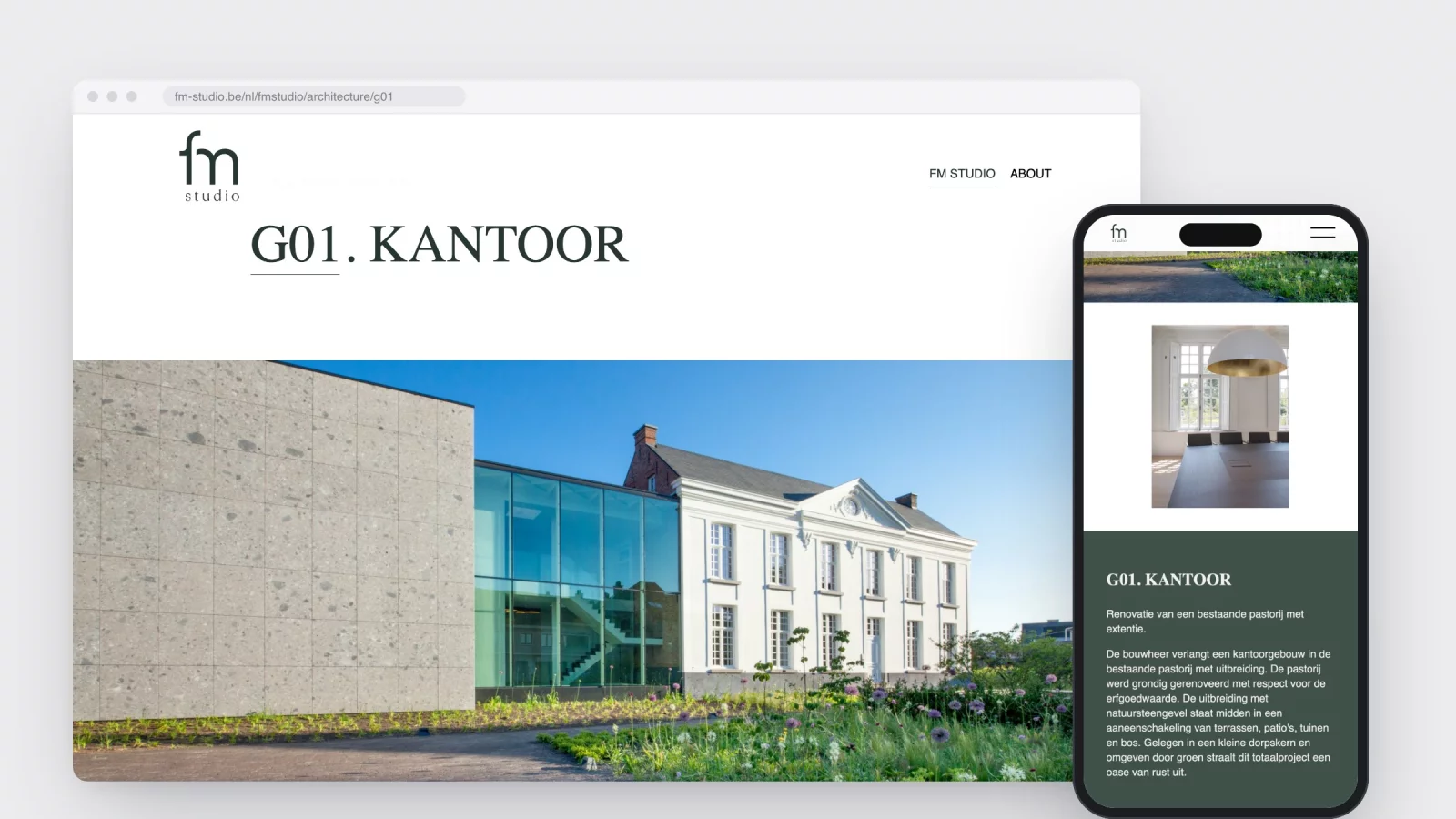 De projectpagina van G01. KANTOOR op fm-studio.be met de banner over de volle breedte, en op gsm het donkergroene tekstblok met de projecttekst