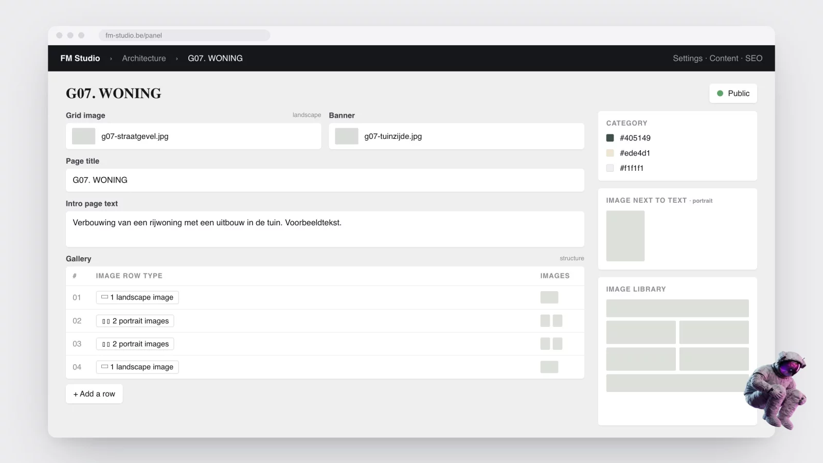 Nagebouwd beheerscherm van het CMS met een projectfiche: velden voor rasterbeeld, banner en intro, een tabel met rijtypes 1 landscape image en 2 portrait images, en een kleurkiezer voor de categorie