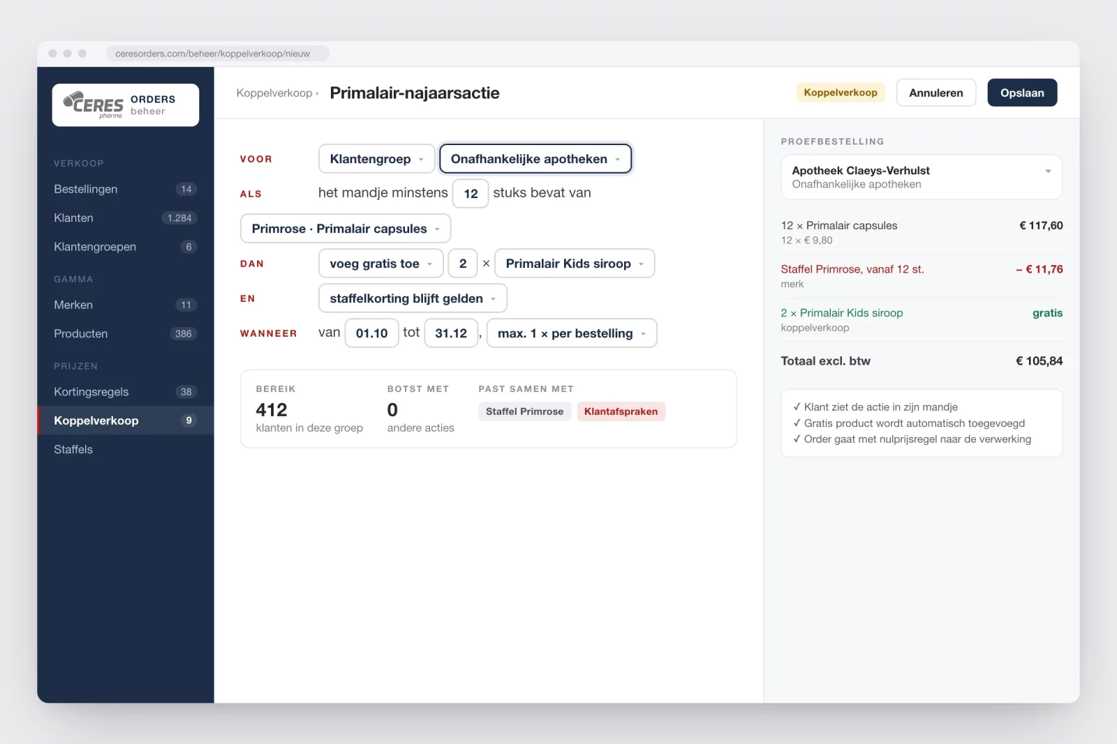 Building a bundle deal as a sentence, with a test order for a customer on the right