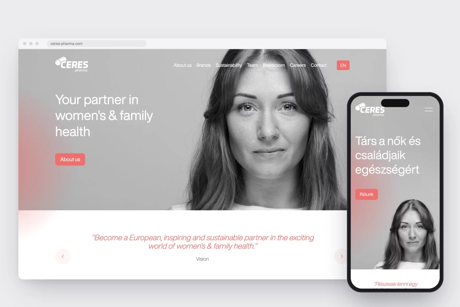 De homepage van ceres-pharma.com op desktop in het Engels en op een gsm in het Hongaars