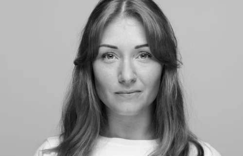 Black-and-white portrait of a woman, from the Ceres Pharma house style
