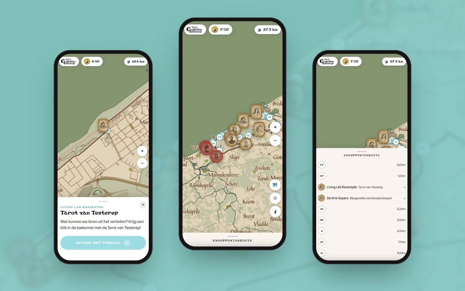 Drie telefoons met de Testerep-app: een stopplaats met uitleg, de kaart met munten langs de kust en de knooppuntenroute met afstanden