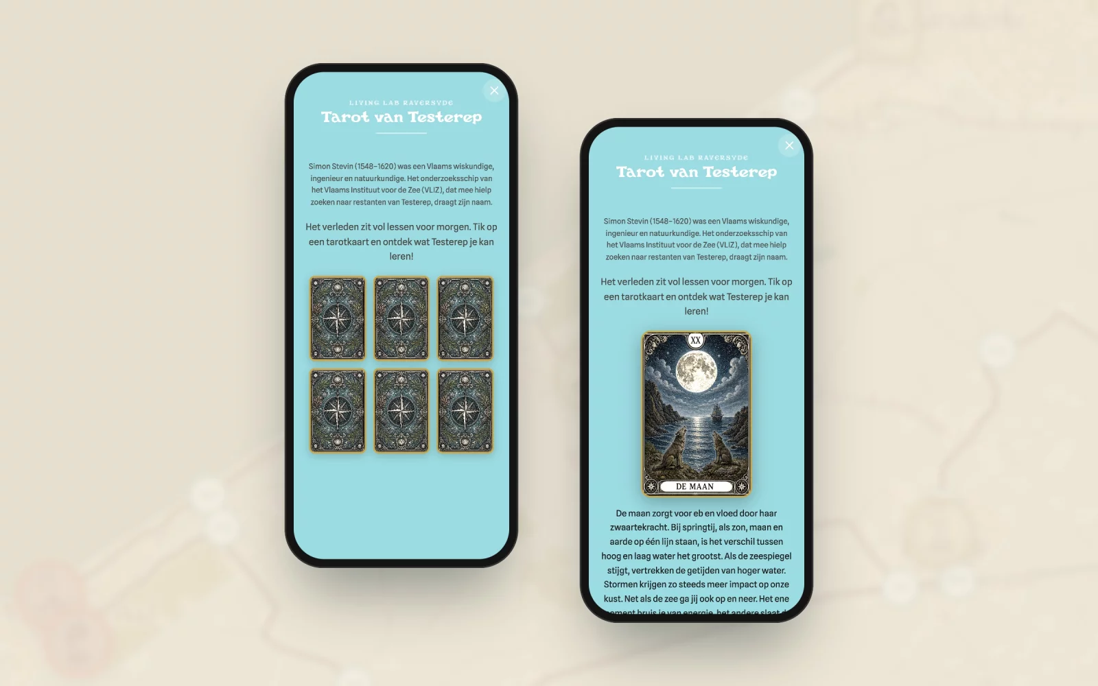 Twee telefoons met de Tarot van Testerep: zes omgekeerde kaarten, en de getrokken kaart De Maan met uitleg