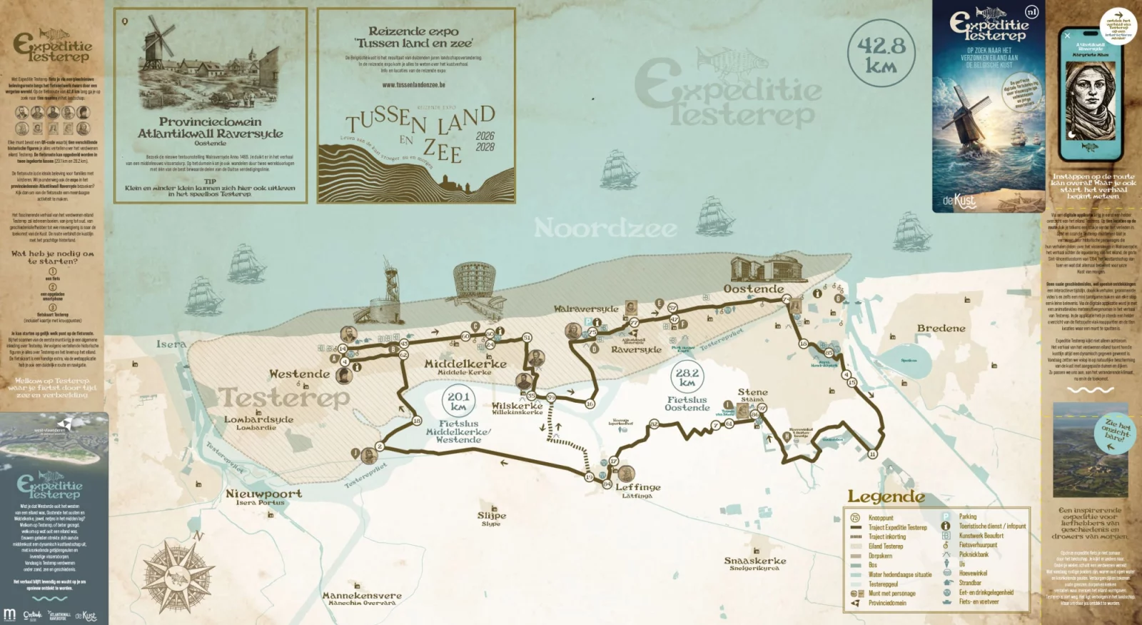 De papieren fietskaart van Expeditie Testerep met de route langs de kust