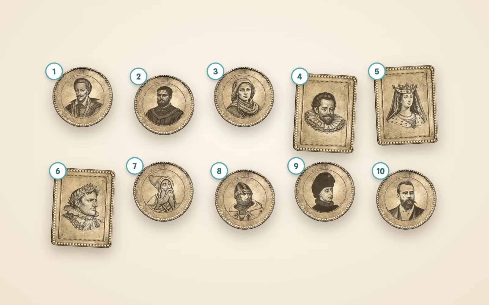 De tien genummerde munten uit de app, elk met het portret van een historisch personage