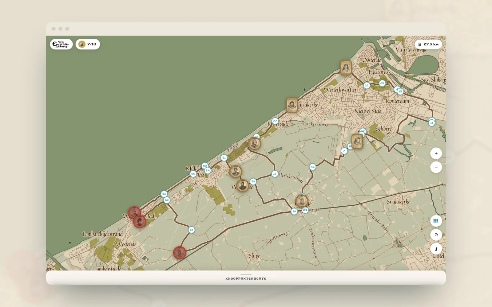 De Testerep-app in een browservenster: de volledige route van Westende tot Oostende op een oude kaart