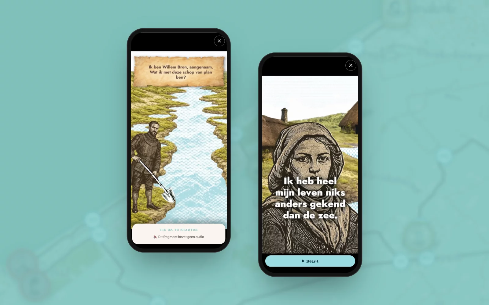 Twee telefoons: een geanimeerd doorklikverhaal met Willem Bron en zijn schop, en een verhaal van vissersvrouw Margriete Maes