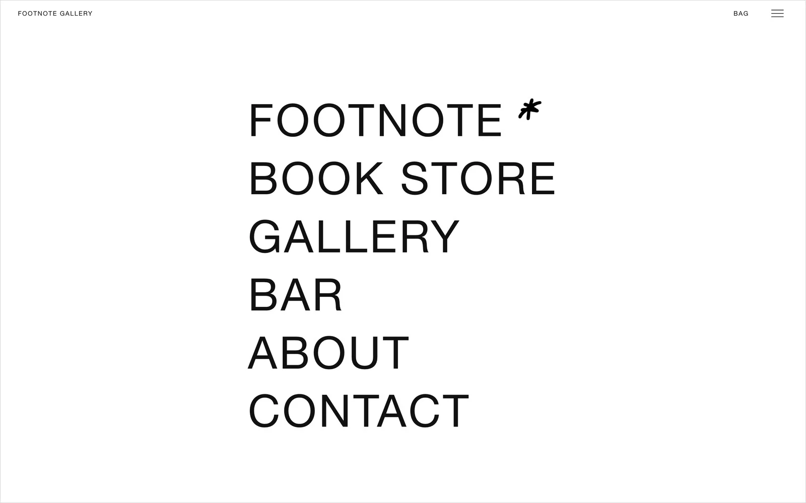 The footnote.gallery homepage: nothing but the menu in large capitals