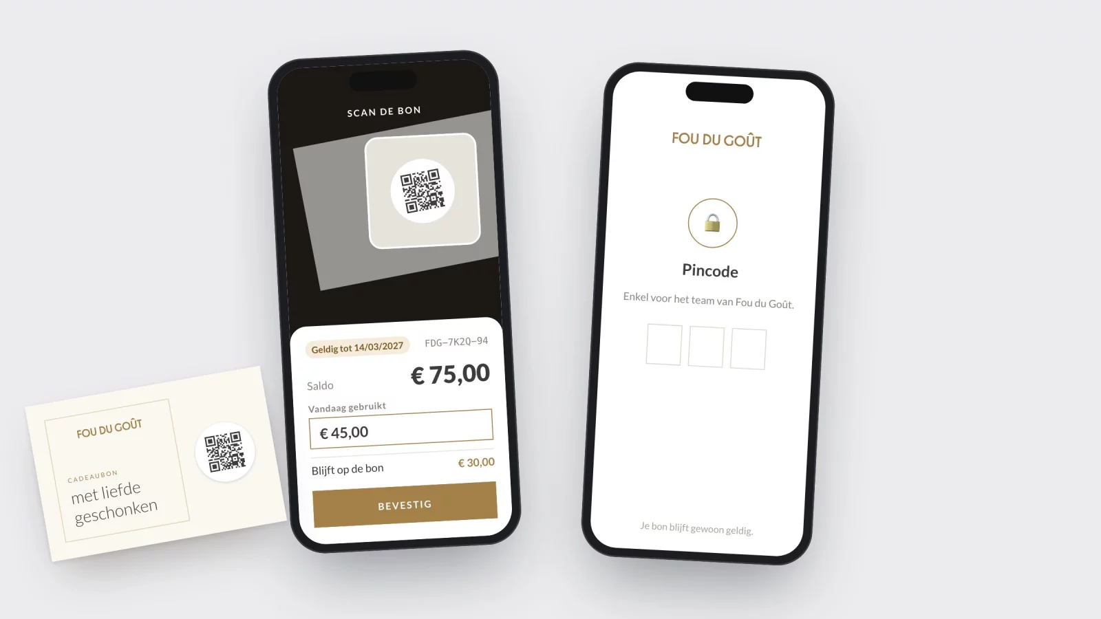 Twee gsm-schermen: links scant het team een bon en ziet het saldo, rechts vraagt de app een pincode aan een gast die zijn eigen bon scant